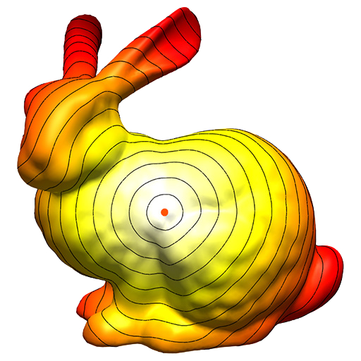 A bunny with curvature plotted in red/blue/white, and an orange bunny with normals plotted in blue.