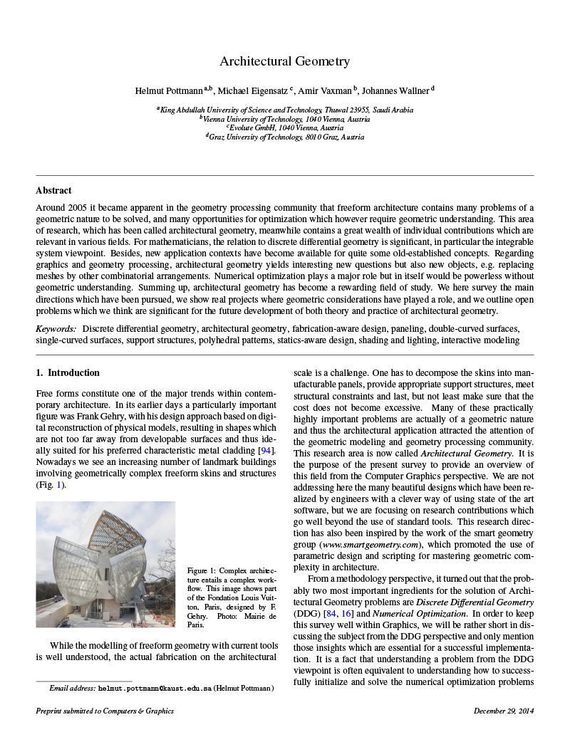 First page of article 'Architectural Geometry' showing some text and a small photo of free-form architecture based on DDG.