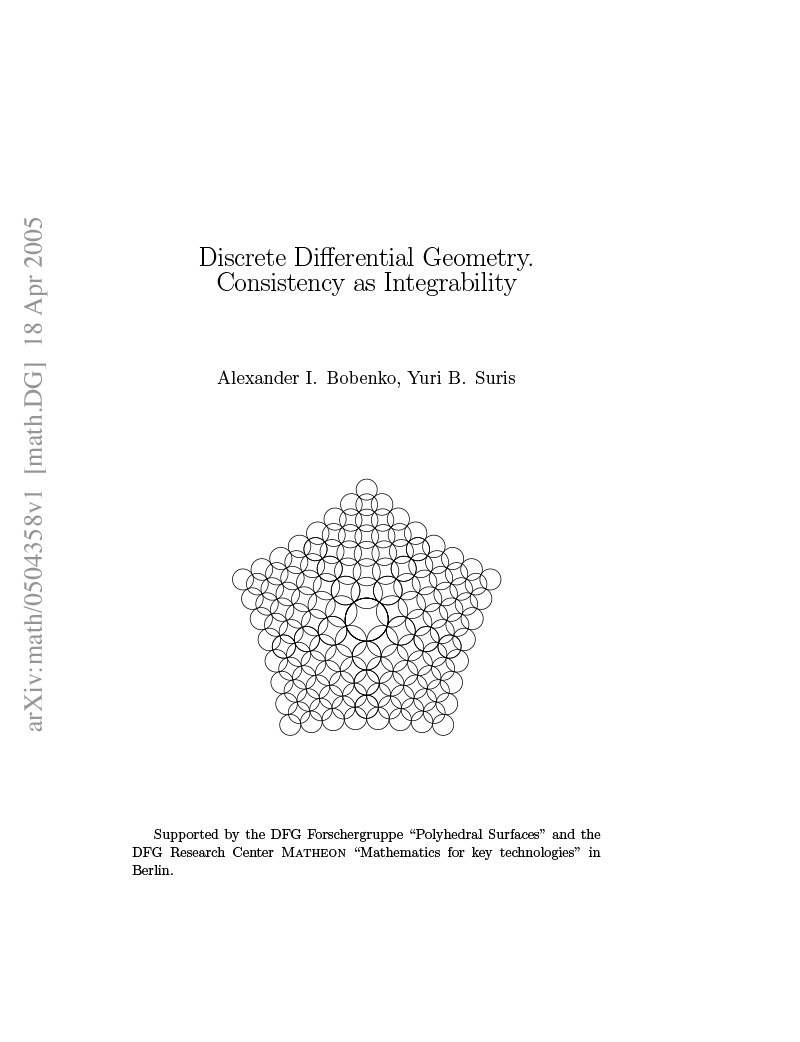 First page of article 'Discrete Differential Geometry: Consistency as Integrability' showing the title and a pentagonal arrangement of circles.