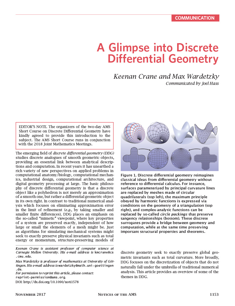 First page of article 'A Glimpse into Discrete Differential Geometry', showing some text and a blue image comparing smooth and discrete objects.