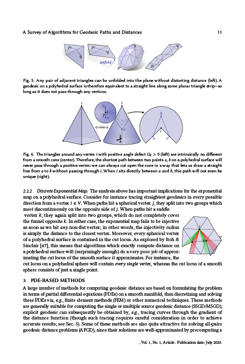 A page from a survey on geodesic algorithms, with some text and several small diagrams of locally shortest paths near vertices of a triangulation.