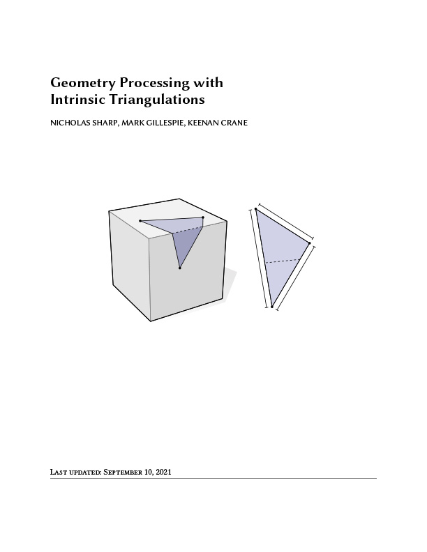 First page of course notes 'Geometry Processing with Intrinsic Triangulations', showing the title and a triangle bent over a cube.