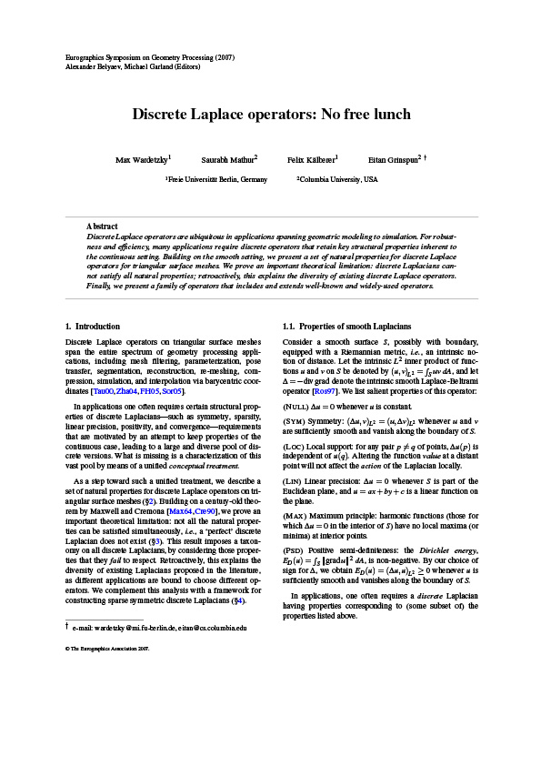 First page of article 'Discrete Laplace Operators: No Free Lunch', showing some text and the title.