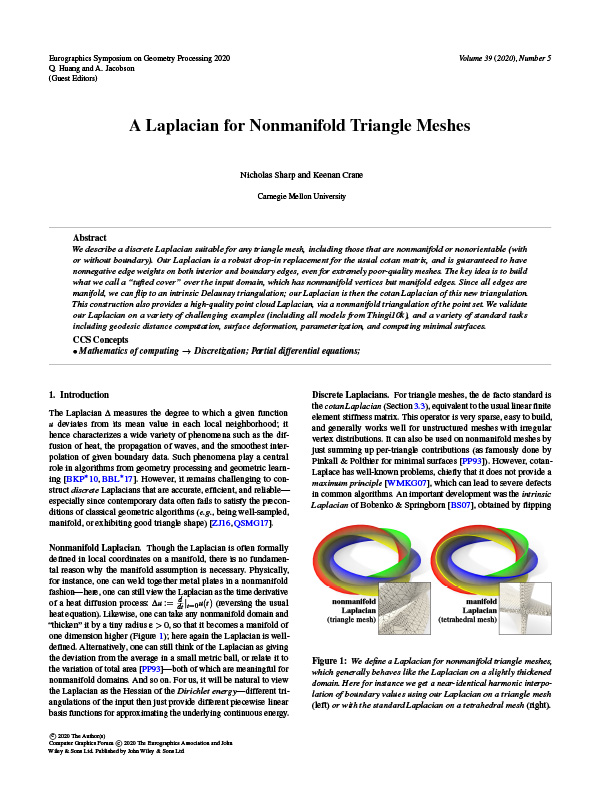 First page of article 'A Laplacian for Nonmanifold Triangle Meshes' showing some text and a comparison between harmonic interpolation on a nonmanifold mesh and a thickened volume.