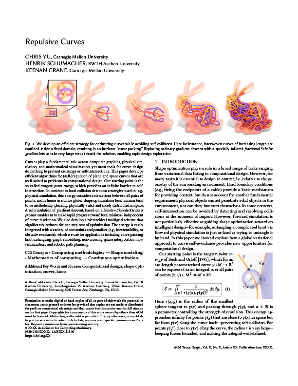 First page of article 'Repulsive Curves' showing some text and a figure of a longer and longer tube getting packed without self-intersection into a bunny-shaped region.