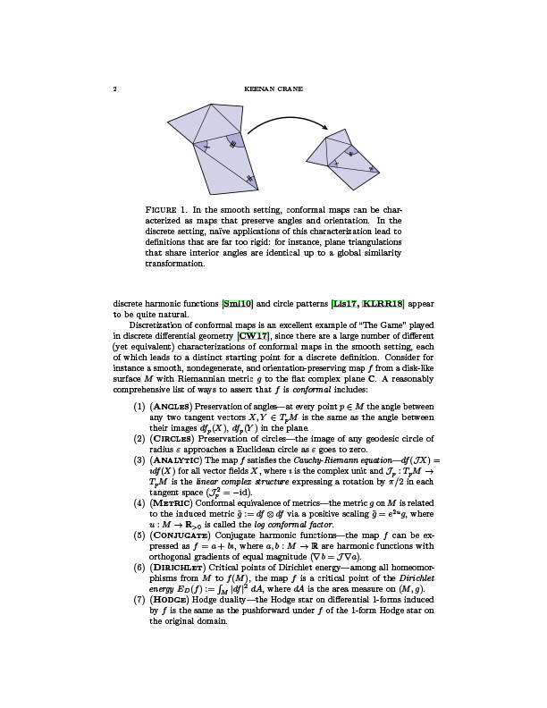 Preview of a first from the reading, showing some text and an illustration of two small triangulations with congruent triangles, illustrating the failure of naïve definitions of conformal equivalence.