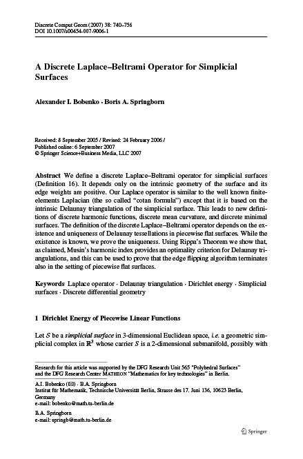 First page of article 'A Discrete Laplace Operator for Simplicial Surfaces' showing some text and the title.