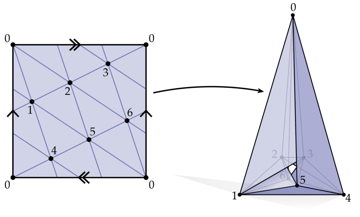 Diagram showing the correspondence between the coarsest simplicial triangultion of the torus in its fundamental square domain and a simplicial embedding in three-dimensional space, known as the Csazar torus.